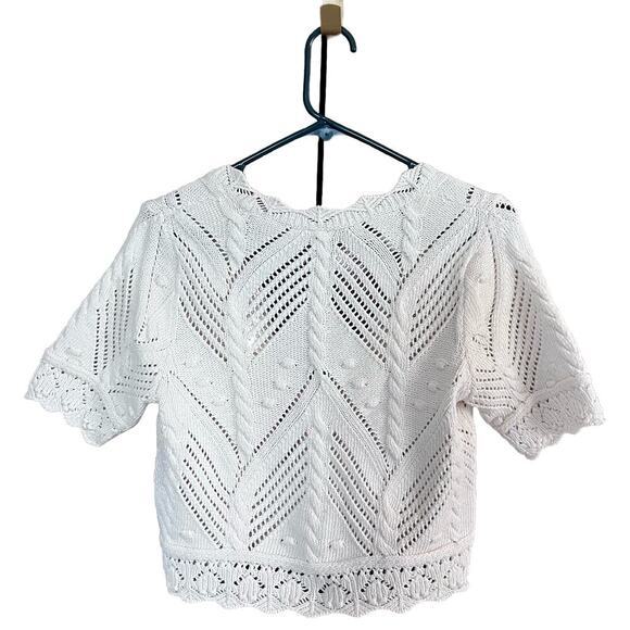 ZARA White Crop Cable Knit Short Sleeve V Neck Cardigan Small (K331) - Picture 2 of 6